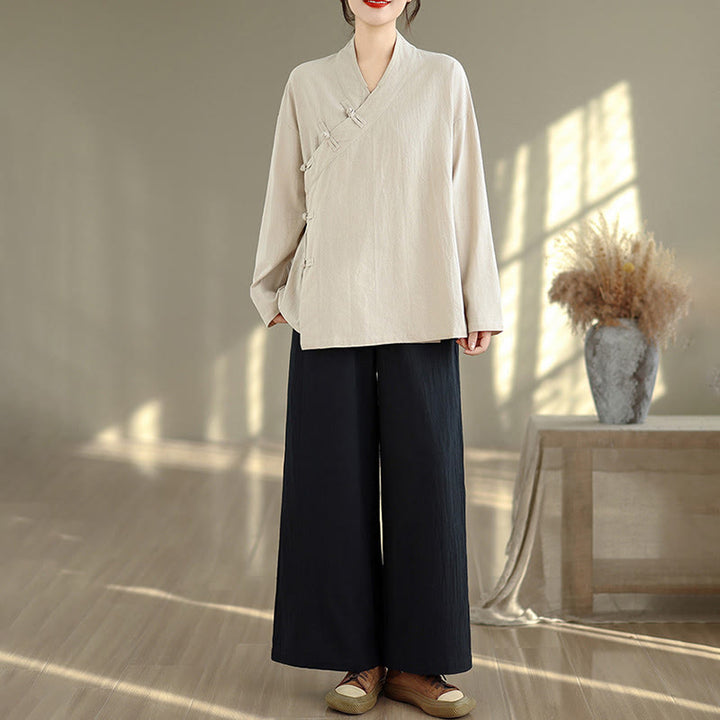 Conjunto de 2 piezas para mujer con estampado de Buddha Stones: camisa de manga larga con cuello en V y pantalones de pierna ancha, estilo zen y meditación. - image 3