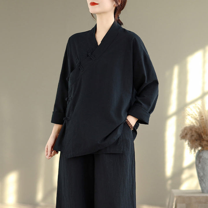 Conjunto de meditación zen para mujer con estampado de Buddha Stones : camiseta de manga larga con cuello en V y pantalón de pierna ancha. Incluye dos piezas. - image 17