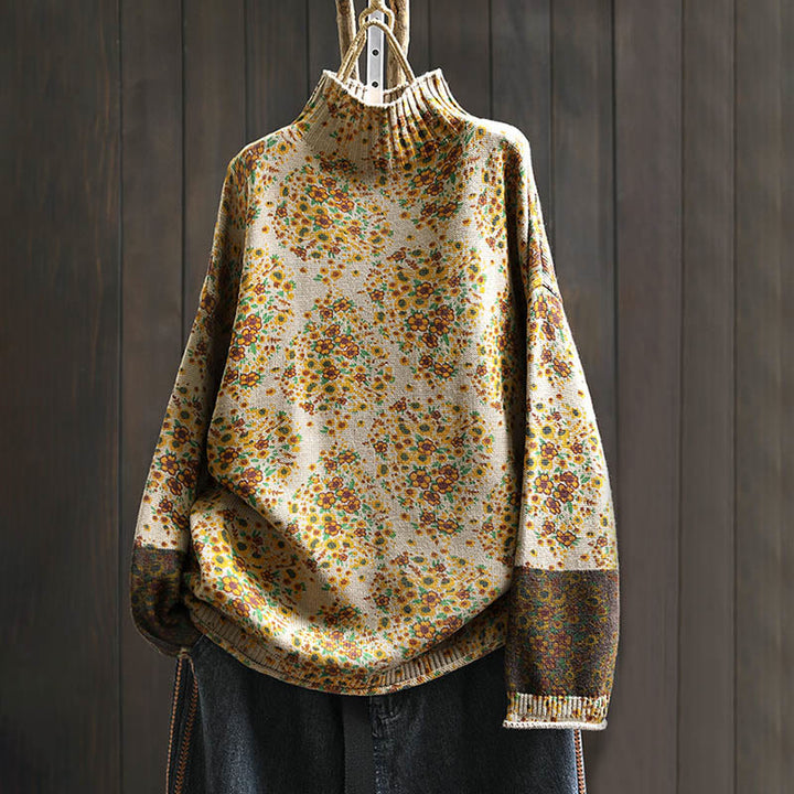 Suéter de punto con cuello alto y manga larga para mujer, de algodón con estampado floral y bajo acanalado, de Buddha Stones - PapayaWhip - US4-6, UK/AU8-10, EU36-38 (F) - image 0