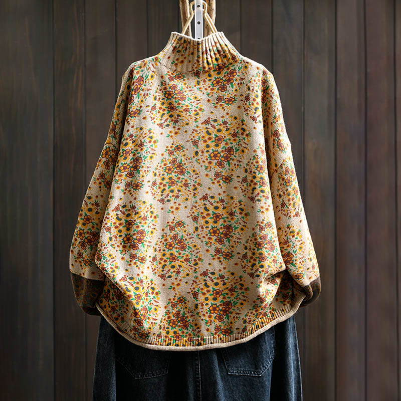 Suéter de punto con cuello alto y manga larga para mujer, de algodón con estampado floral y bajo acanalado, de Buddha Stones - image 1