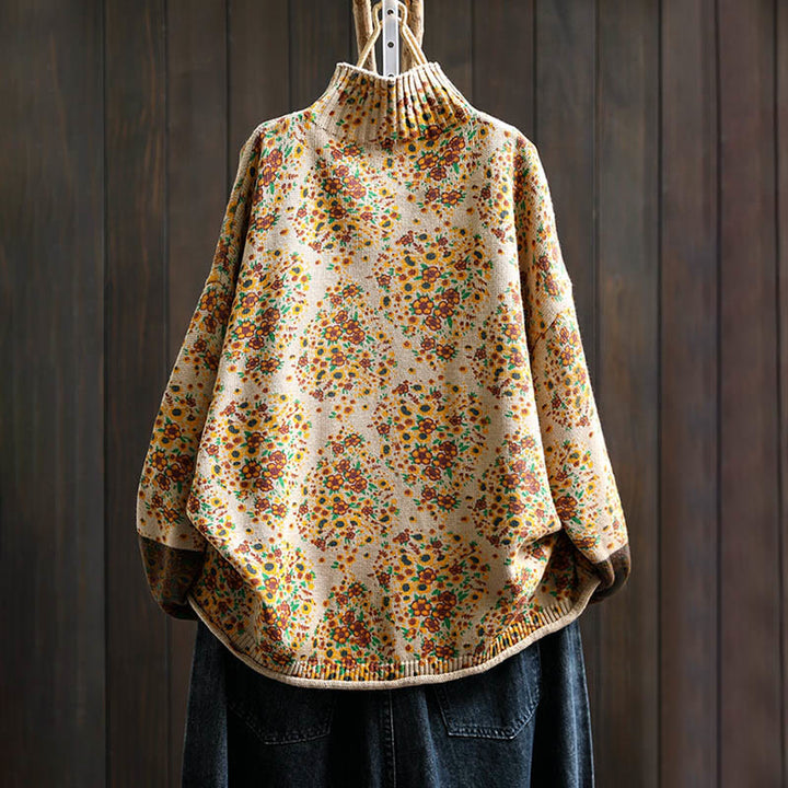 Suéter de punto con cuello alto y manga larga para mujer, de algodón con estampado floral y bajo acanalado, de Buddha Stones - image 1