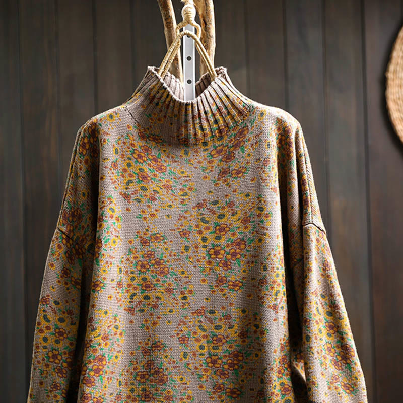 Suéter de punto con cuello alto y manga larga para mujer, de algodón con estampado floral y bajo acanalado, de Buddha Stones - image 17