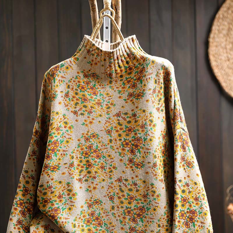 Suéter de punto con cuello alto y manga larga para mujer, de algodón con estampado floral y bajo acanalado, de Buddha Stones - image 3