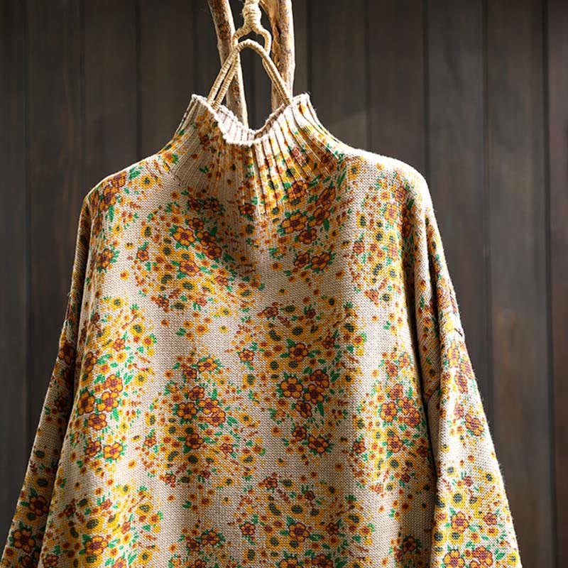 Suéter de punto con cuello alto y manga larga para mujer, de algodón con estampado floral y bajo acanalado, de Buddha Stones - image 2