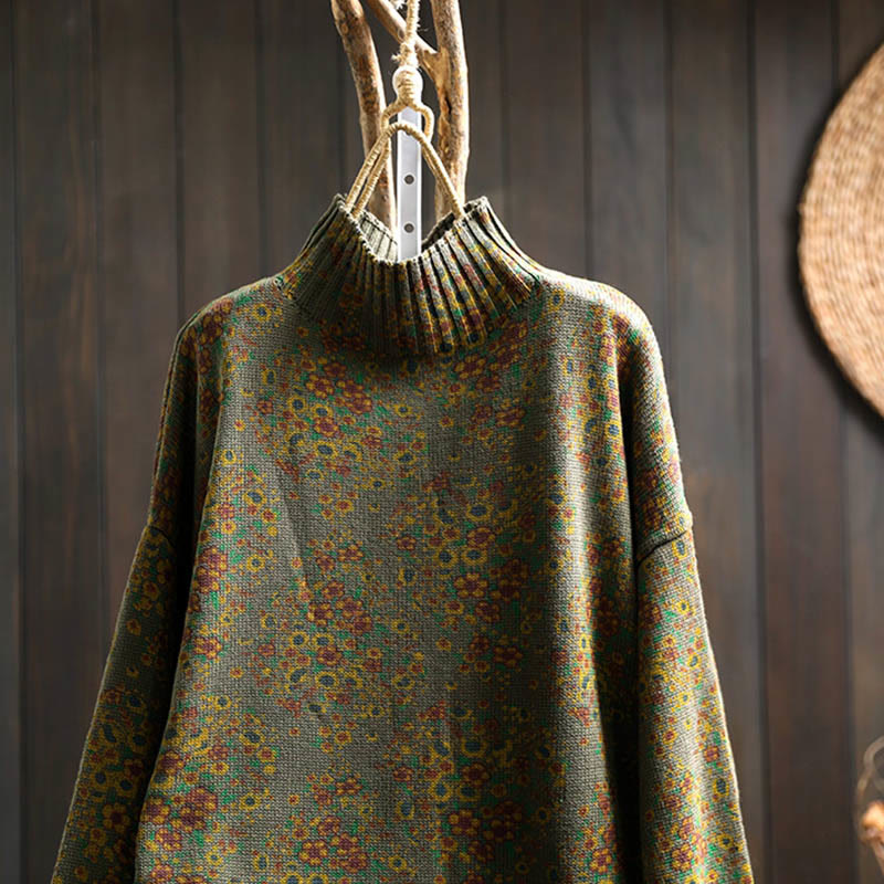 Suéter de punto con cuello alto y manga larga para mujer, de algodón con estampado floral y bajo acanalado, de Buddha Stones - image 21