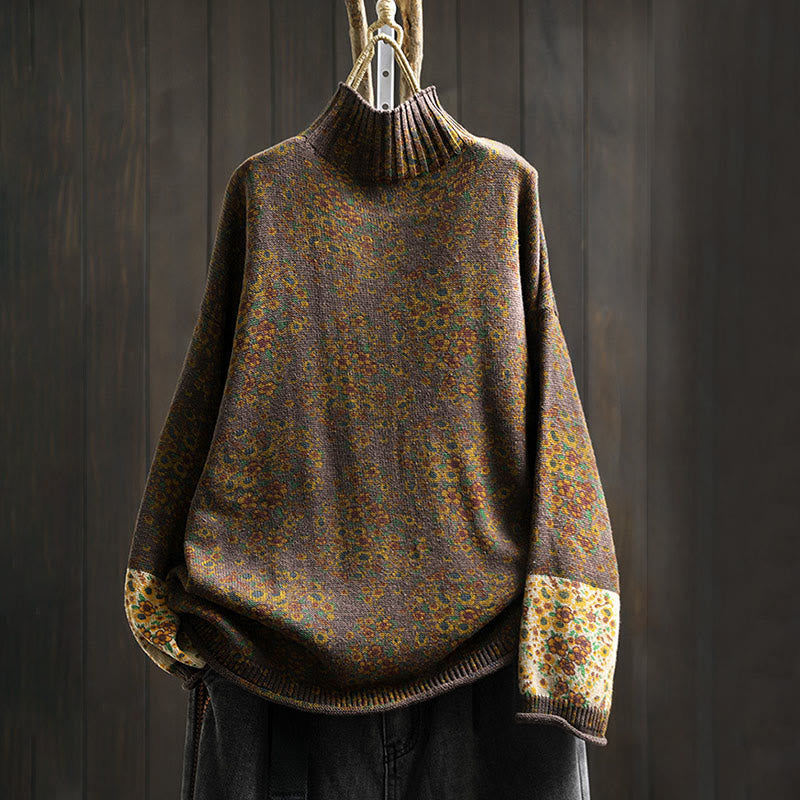 Suéter de punto con cuello alto y manga larga para mujer, de algodón con estampado floral y bajo acanalado, de Buddha Stones - Marrón silla de montar - US4-6, UK/AU8-10, EU36-38 (F) - image 14