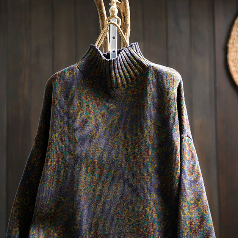 Suéter de punto con cuello alto y manga larga para mujer, de algodón con estampado floral y bajo acanalado, de Buddha Stones - image 19