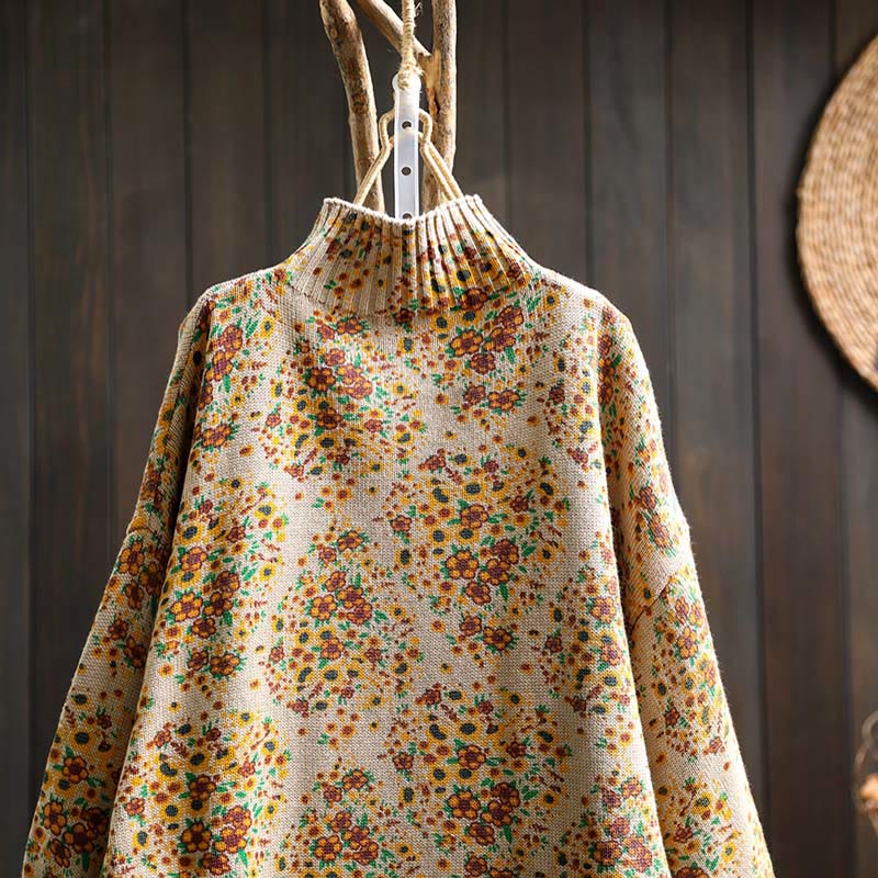 Suéter de punto con cuello alto y manga larga para mujer, de algodón con estampado floral y bajo acanalado, de Buddha Stones - image 4