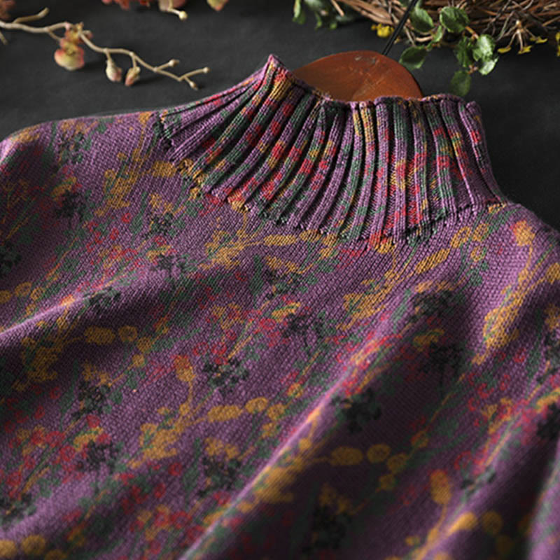 Suéter de algodón para mujer con cuello alto y manga larga, estampado de plantas y Buddha Stones). - image 10