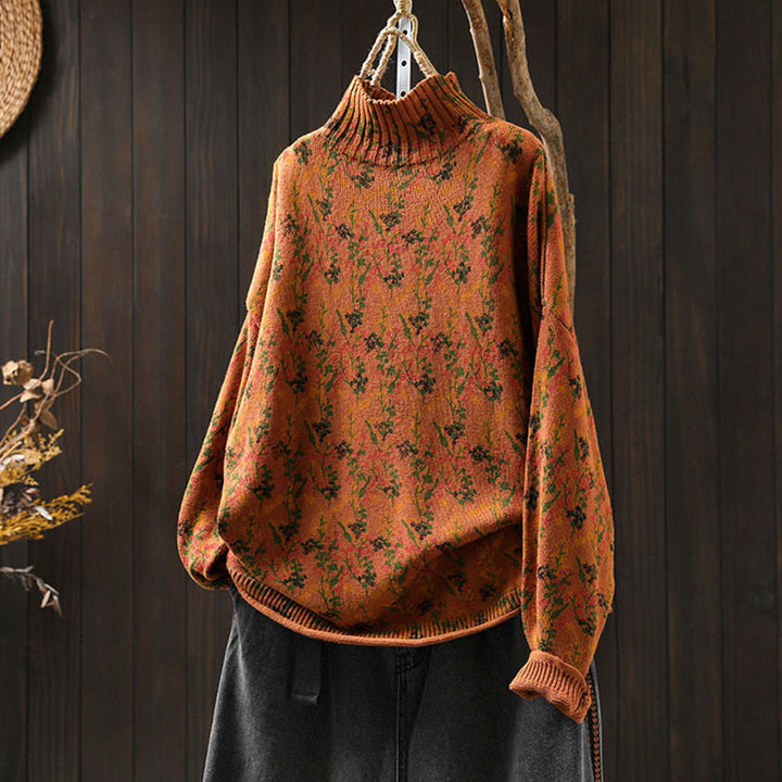 Suéter de algodón para mujer con cuello alto y manga larga, estampado de plantas y Buddha Stones). - Naranja oscuro - US4-6, UK/AU8-10, EU36-38 (F) - image 2