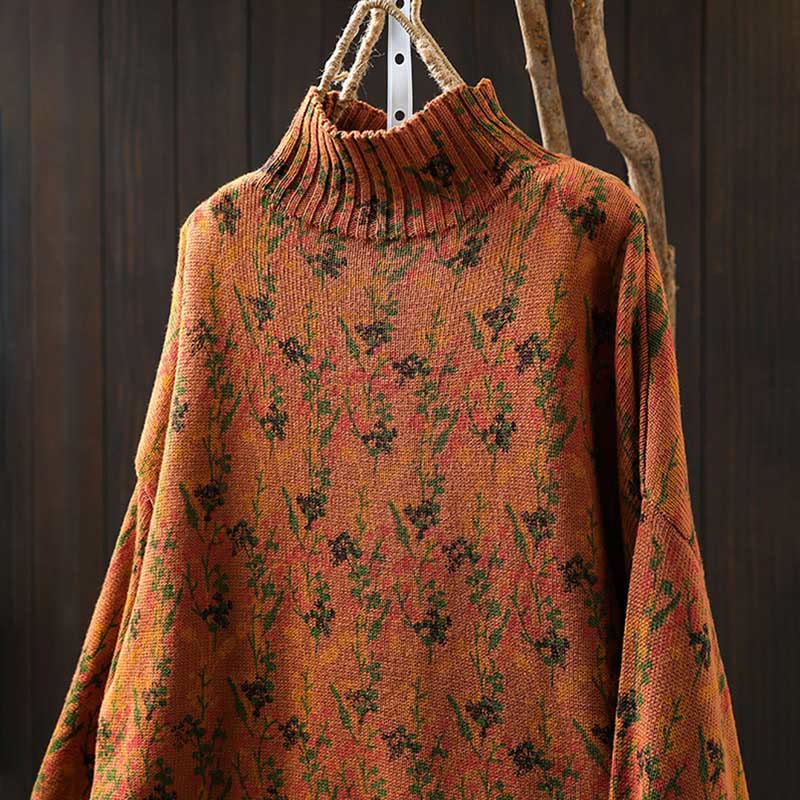 Suéter de algodón para mujer con cuello alto y manga larga, estampado de plantas y Buddha Stones). - image 3