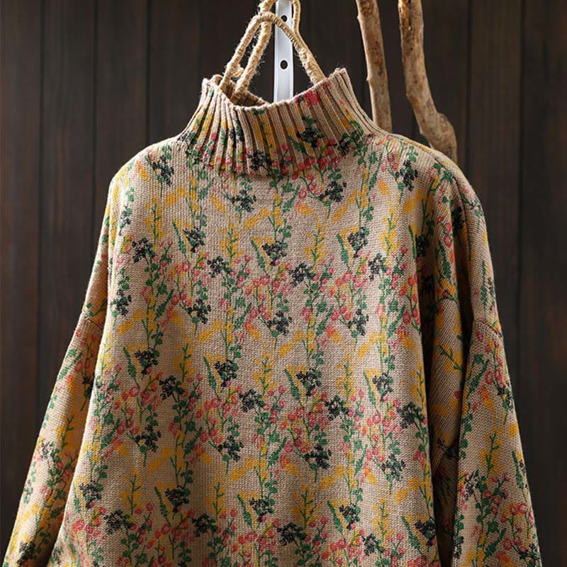 Suéter de algodón para mujer con cuello alto y manga larga, estampado de plantas y Buddha Stones). - image 1