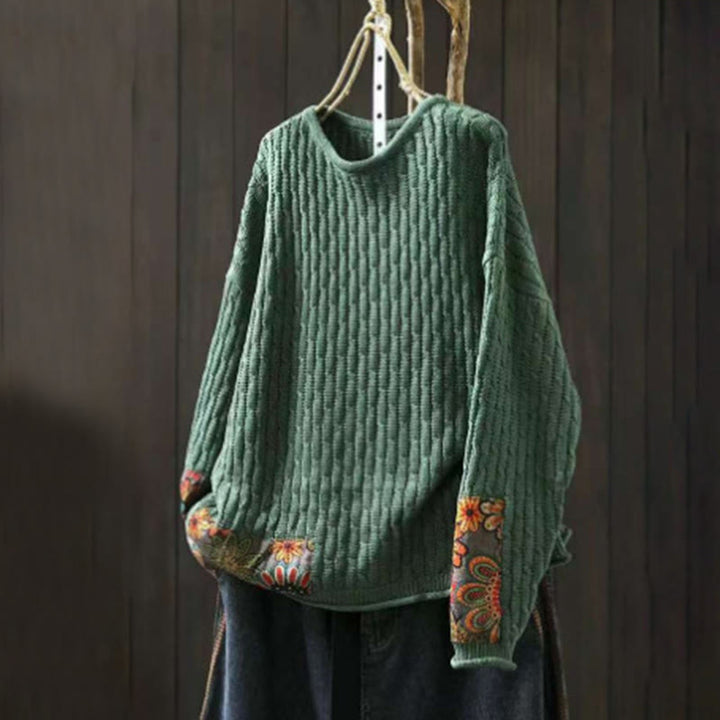 Suéter de manga larga con cuello redondo y diseño de patchwork de Buddha Stones para mujer. - Verdemar - US4-12, UK/AU8-16, EU36-44 (F) - image 0