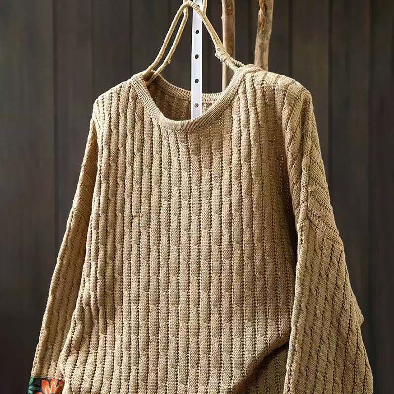 Suéter de manga larga con cuello redondo y diseño de patchwork de Buddha Stones para mujer. - image 3