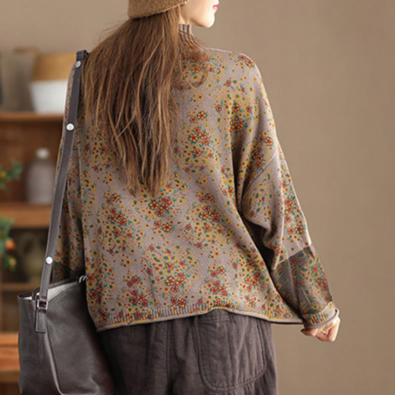 Suéter de punto de manga larga con cuello alto y estampado floral de Buddha Stones para mujer. - image 11