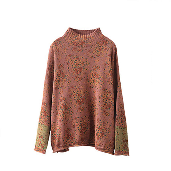 Suéter de punto de algodón para mujer con cuello alto, manga larga y estampado floral de otoño con Buddha Stones - image 8