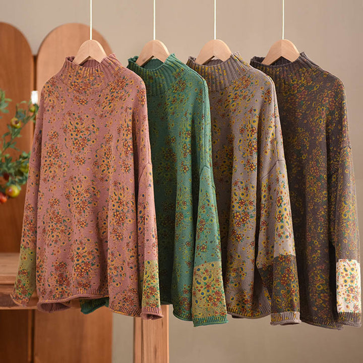 Suéter de punto de algodón para mujer con cuello alto, manga larga y estampado floral de otoño con Buddha Stones - image 20