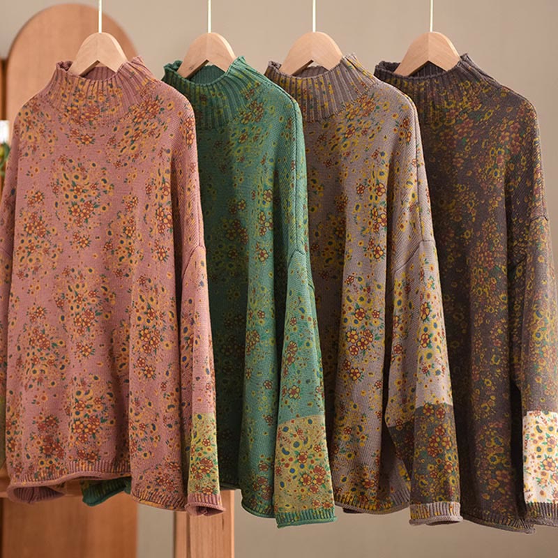 Suéter de punto de algodón para mujer con cuello alto, manga larga y estampado floral de otoño con Buddha Stones - image 19