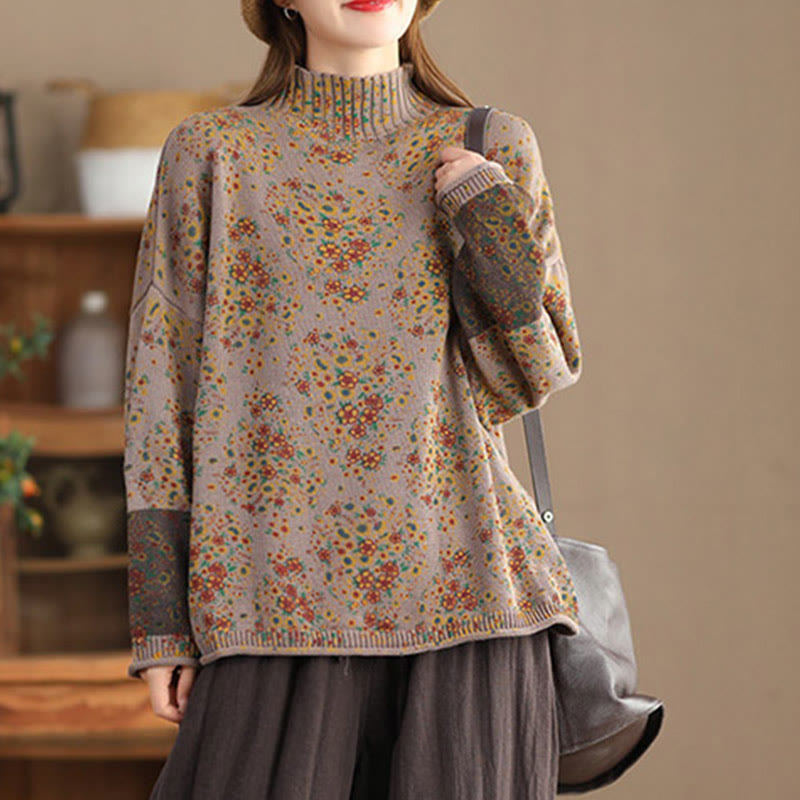 Suéter de punto de manga larga con cuello alto y estampado floral de Buddha Stones para mujer. - image 13