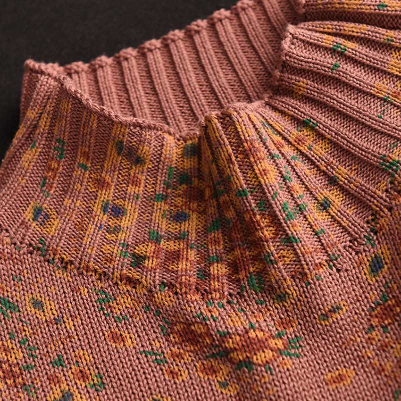 Suéter de punto de manga larga con cuello alto y estampado floral de Buddha Stones para mujer. - image 3