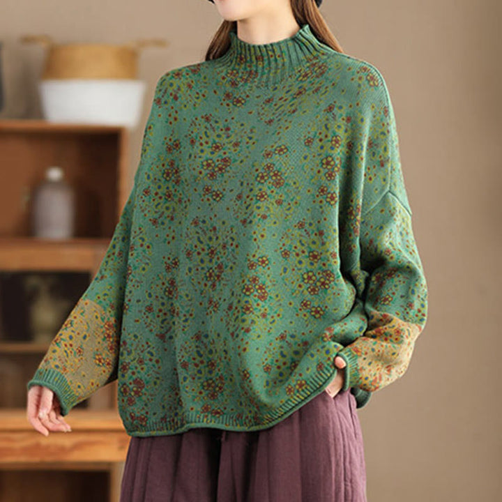 Suéter de punto de manga larga con cuello alto y estampado floral de Buddha Stones para mujer. - image 16