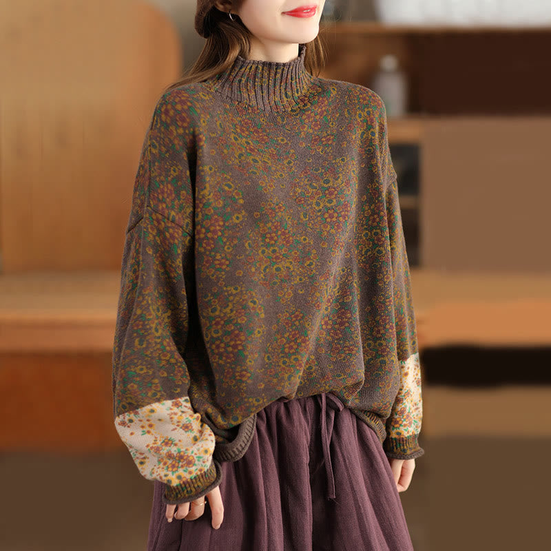 Suéter de punto de manga larga con cuello alto y estampado floral de Buddha Stones para mujer. - Marrón silla de montar - US4-12, UK/AU8-16, EU36-44 (F) - image 18