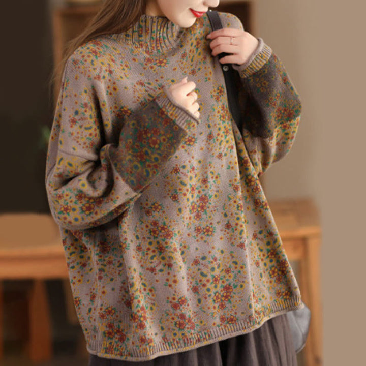 Suéter de punto de manga larga con cuello alto y estampado floral de Buddha Stones para mujer. - BurlyWood - US4-12, UK/AU8-16, EU36-44 (F) - image 10