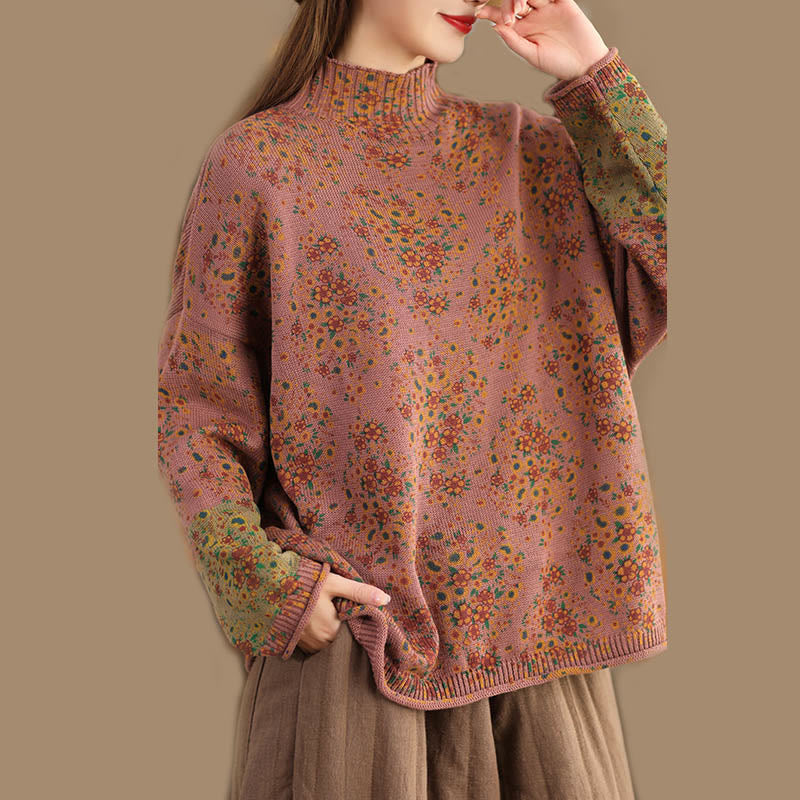 Suéter de punto de manga larga con cuello alto y estampado floral de Buddha Stones para mujer. - image 2