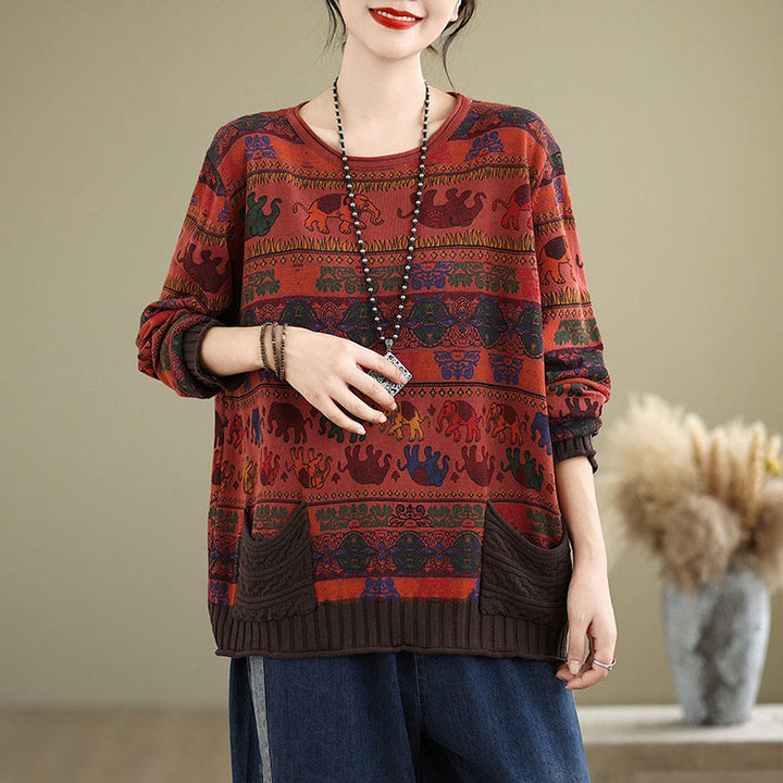 Suéter de manga larga para mujer, de algodón, con bolsillos, estampado de elefantes y Buddha Stones. - Ladrillo refractario - US4-6, UK/AU8-10, EU36-38 (F) - image 19