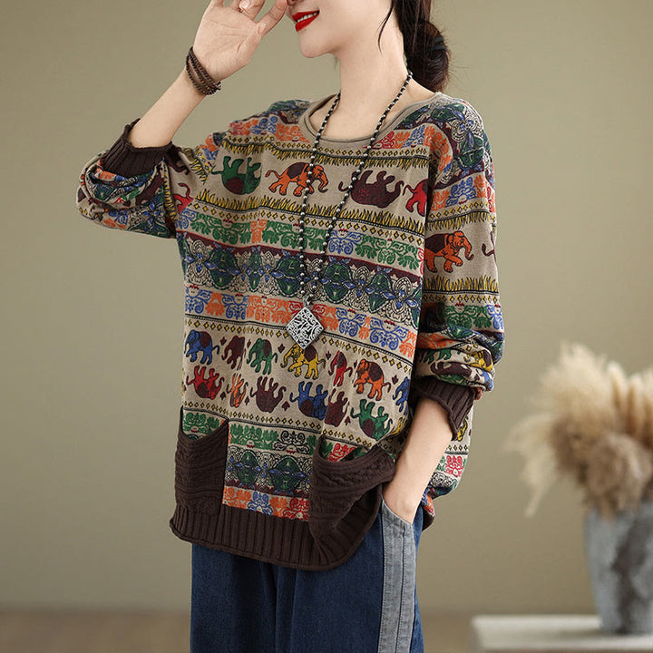 Suéter de manga larga para mujer, de algodón, con bolsillos, estampado de elefantes y Buddha Stones. - image 2