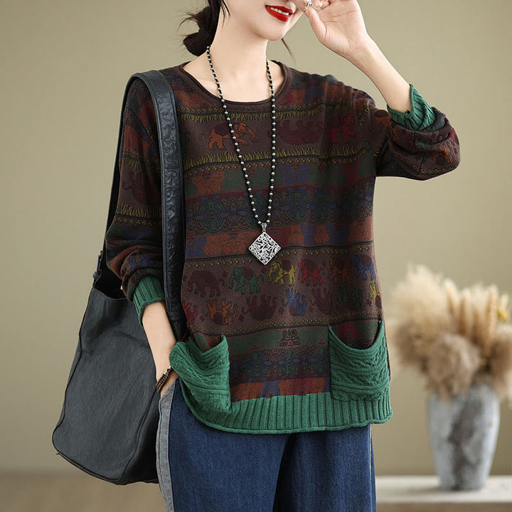 Suéter de manga larga para mujer, de algodón, con bolsillos, estampado de elefantes y Buddha Stones. - SaddleBrown - US4-6, UK/AU8-10, EU36-38 (F) - image 13