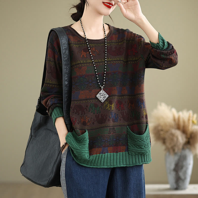 Suéter de manga larga para mujer, de algodón, con bolsillos, estampado de elefantes y Buddha Stones. - Marrón silla de montar - US4-6, UK/AU8-10, EU36-38 (F) - image 13