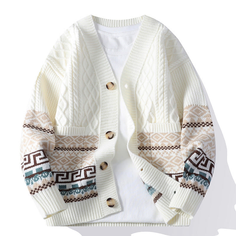 Jersey de punto étnico de manga larga para hombre con estampado de Buddha Stones y diseño jacquard, con bolsillos. - Blanco - US/UK/AU44, EU54 (4XL) - image 0