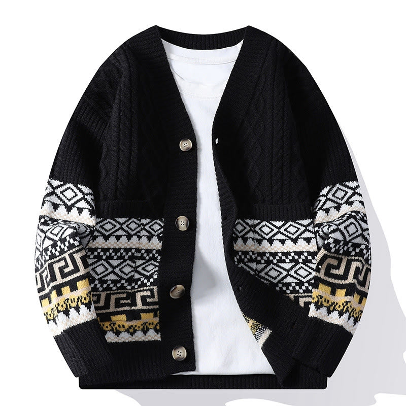 Suéter de punto étnico de manga larga para hombre con bolsillos y estampado jacquard de Buddha Stones - Negro - US/UK/AU44, EU54 (4XL) - image 7