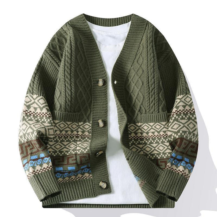 Suéter de punto étnico de manga larga para hombre con bolsillos y estampado jacquard de Buddha Stones - Verde oliva oscuro - US/UK/AU44, EU54 (4XL) - image 9