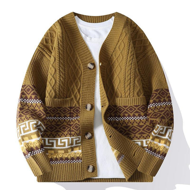 Suéter de punto étnico de manga larga para hombre con bolsillos y estampado jacquard de Buddha Stones - Vara de oro oscura - US/UK/AU44, EU54 (4XL) - image 8