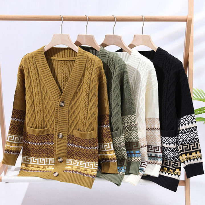 Suéter de punto étnico de manga larga para hombre con bolsillos y estampado jacquard de Buddha Stones - image 10