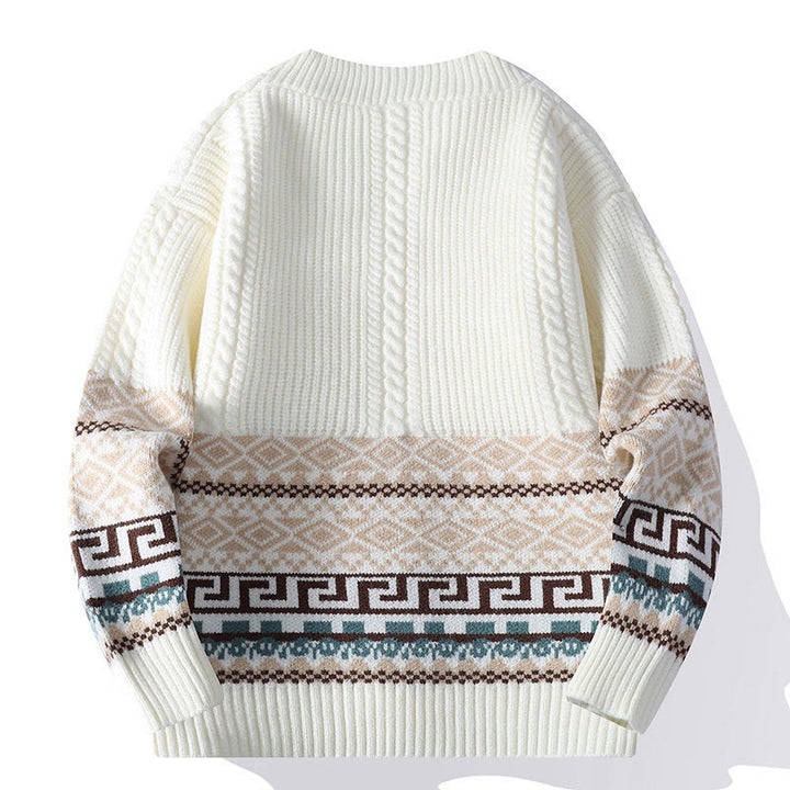 Suéter de punto étnico de manga larga para hombre con bolsillos y estampado jacquard de Buddha Stones - image 1