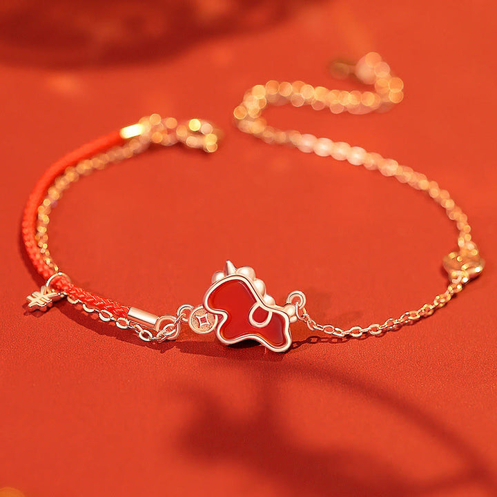 Pulsera de la suerte con dije de moneda de ágata roja y cordón rojo , con Buddha Stones , plata de ley 925, Año del Caballo - Pulsera de caballo - image 0