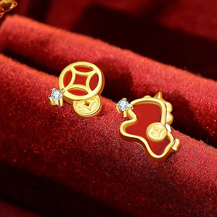 Pendientes asimétricos de protección con moneda de plata de ley 925 y Buddha Stones , con ágata roja, año del caballo. - Pendientes de caballo dorado - image 6