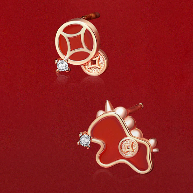 Pendientes asimétricos de protección con moneda de plata de ley 925 y Buddha Stones , con ágata roja, año del caballo. - image 1