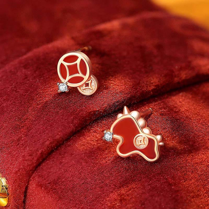 Pendientes asimétricos de protección con moneda de plata de ley 925 y Buddha Stones , con ágata roja, año del caballo. - Pendientes de caballo - image 0