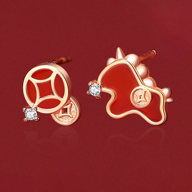 Pendientes asimétricos de protección con moneda de plata de ley 925 y Buddha Stones , con ágata roja, año del caballo. - image 2
