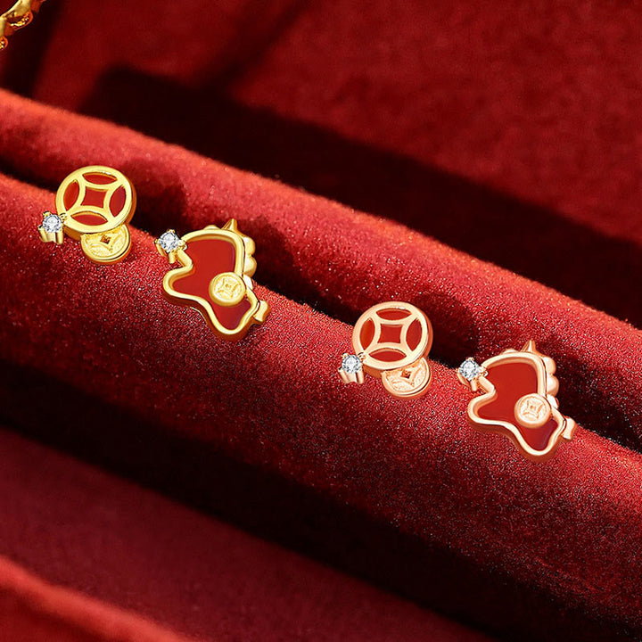 Pendientes asimétricos de protección con moneda de plata de ley 925 y Buddha Stones , con ágata roja, año del caballo. - image 8