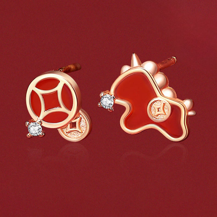 Pendientes asimétricos de protección con moneda de plata de ley 925 y Buddha Stones , con ágata roja, año del caballo. - image 2