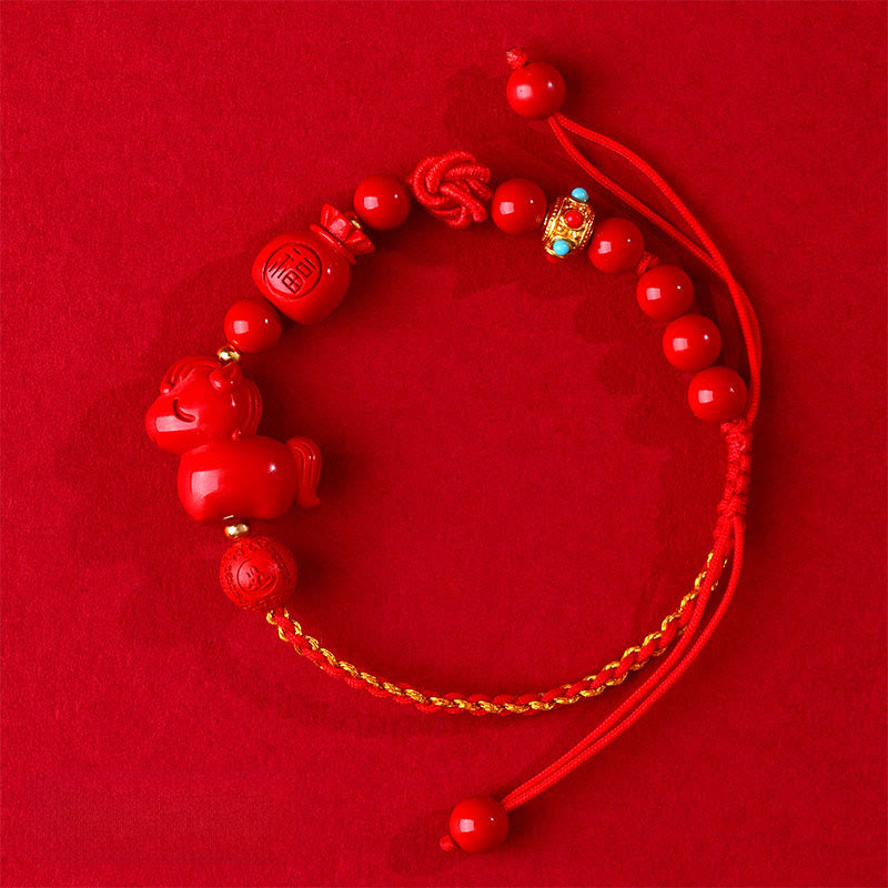 Pulsera de la suerte con forma de bolsa, símbolo de Fu , con Buddha Stones del Año del Caballo y cinabrio natural. - image 2
