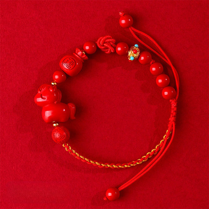 Pulsera de la suerte con forma de bolsa, símbolo de Fu , con Buddha Stones del Año del Caballo y cinabrio natural. - image 2