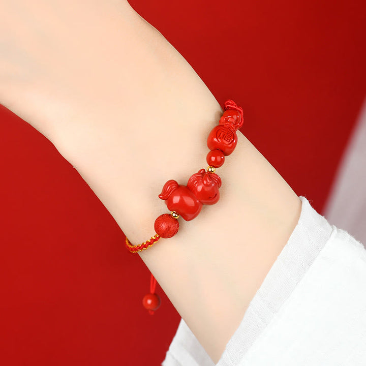 Pulsera de la suerte con forma de bolsa, símbolo de Fu , con Buddha Stones del Año del Caballo y cinabrio natural. - image 4