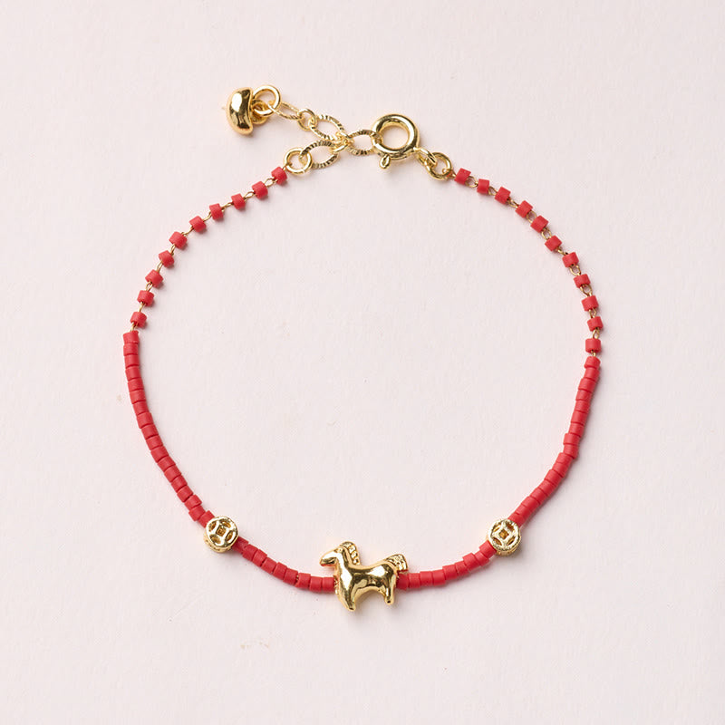 Pulsera de la prosperidad con cristales Liuli rojos del Año del Caballo y plata de ley 925 bañada en oro con Buddha Stones - Pulsera de caballo - image 1