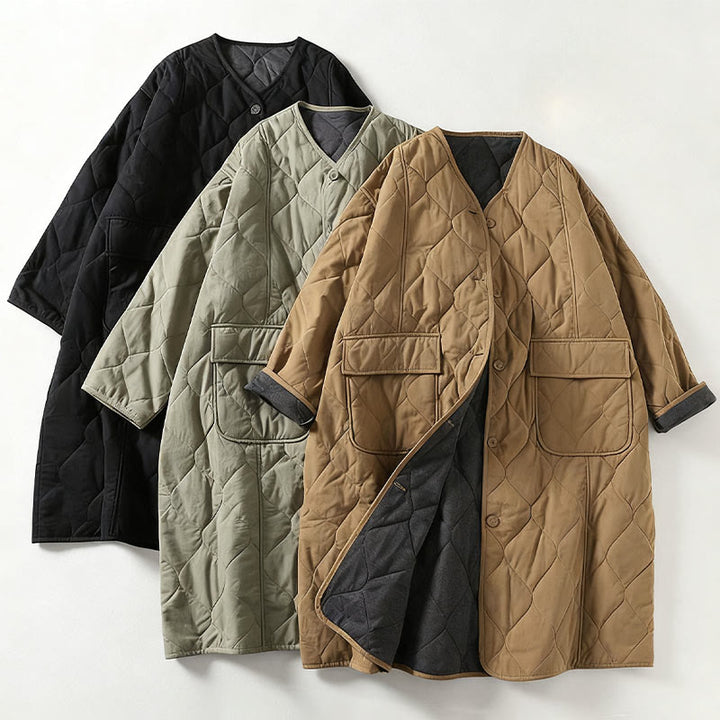 Abrigo de algodón para mujer con cuello en V, manga larga, bolsillos, botones lisos y estampado de Buddha Stones. - image 7